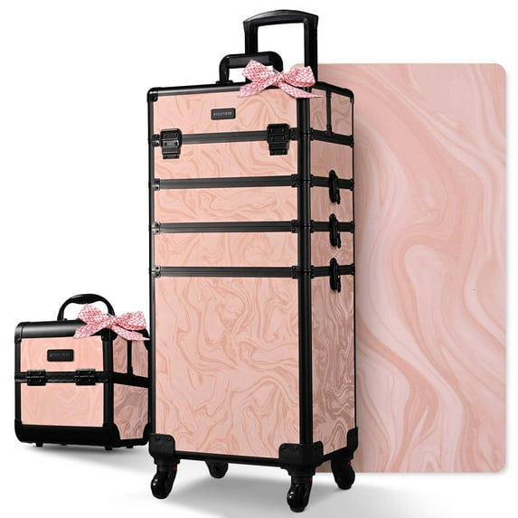 Byootique Rolling Makeup Train Case Trolley w/ Cube Case Cosmetic Organizer Pink