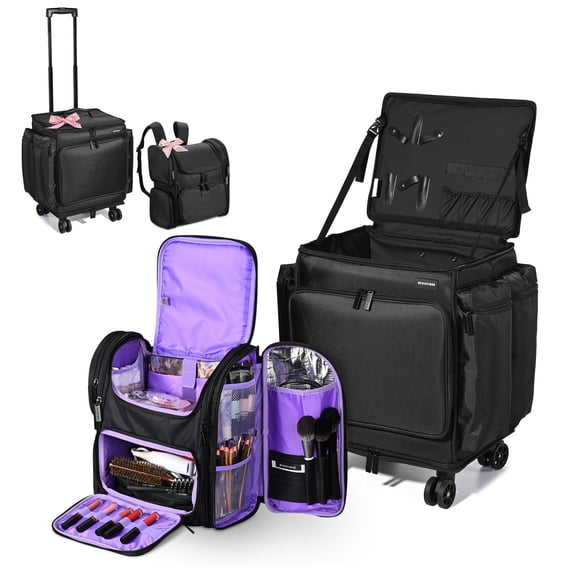 Byootique Rolling Makeup Train Case w/ Backpack Travel Barber Cosmetic Storage