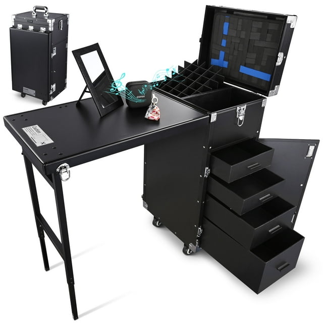 Byootique Rolling Manicure Table Foldable Nail Table Makeup Train Case