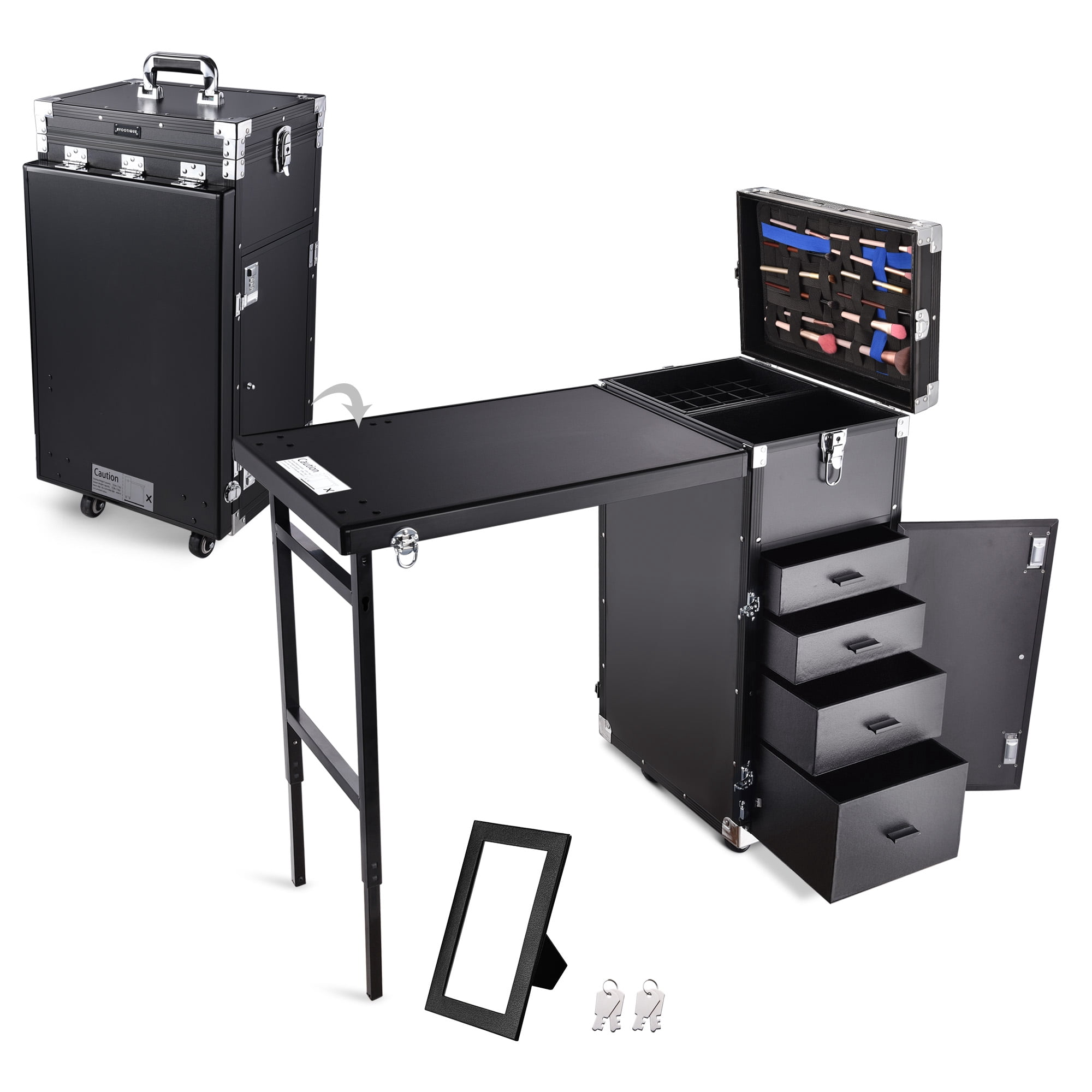 Byootique Portable Manicure Table Desk for Nail Tech Organizer Rolling Makeup Case with Wheels and Telescopic Handle for Manicurist Technician, Black