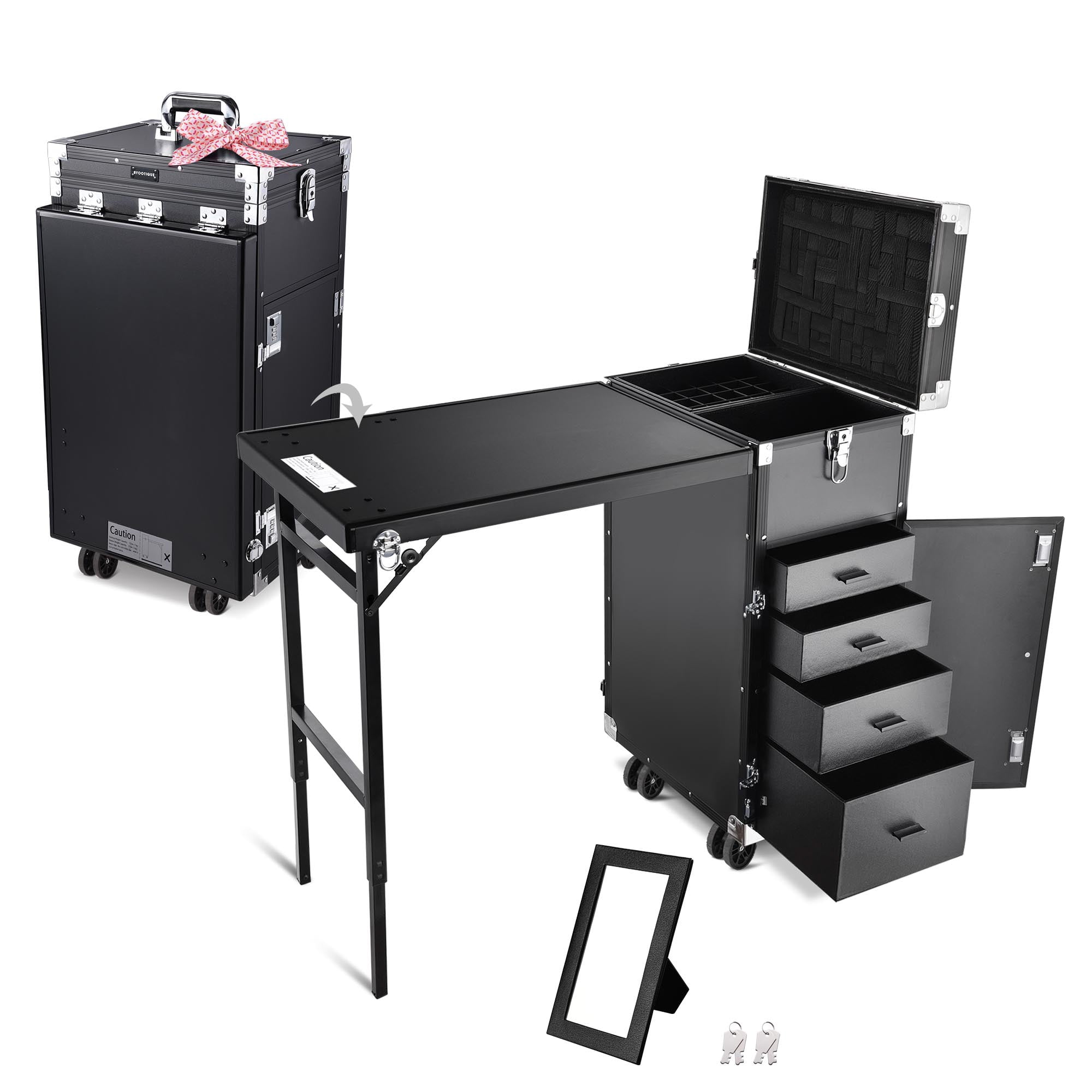 Black Aluminum Rolling Makeup Train Case with Expandable Table