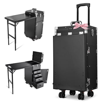Byootique Portable Manicure Table Desk for Nail Tech Organizer Rolling Makeup Case with Wheels and Telescopic Handle for Manicurist Technician, Black