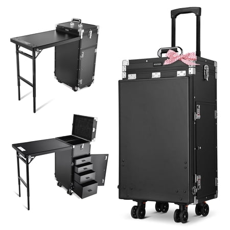 Byootique Portable Manicure Table Desk for Nail Tech Organizer Rolling Makeup Case with Wheels and Telescopic Handle for Manicurist Technician, Black