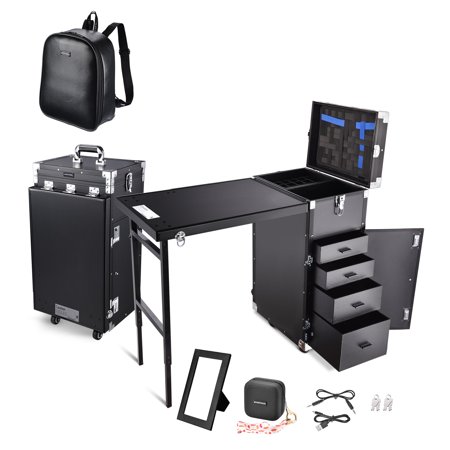 Byootique Rolling Manicure Table w/ 14" Makeup Backpack Cosmetic Storage Travel
