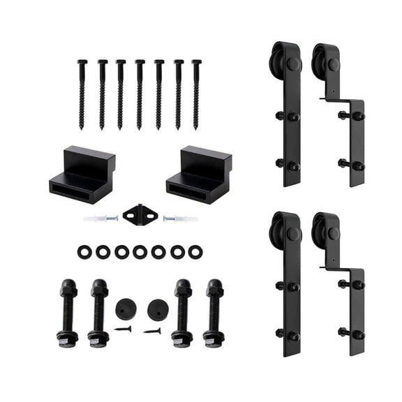 Bypass Sliding Barn Door Hardware Rollers For Double Doors Smoothly Quietly Door Panel Black Bent Hanger System (J Shape Hanger) ,Smooth Sliding