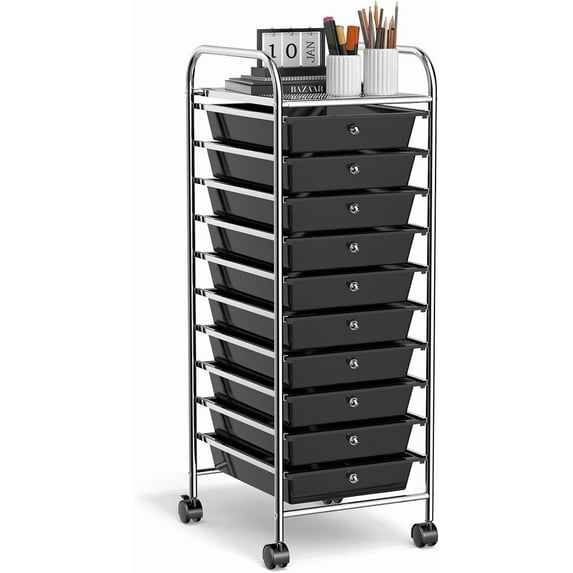 Byroce 10 Tier Drawer Rolling Storage Cart, Tools Scrapbook Paper Organizer Trolley with 360° Rotating Wheels and PP Drawers, Sturdy Metal Frame, Unity Storage Cart for Home, School, Office (Black)
