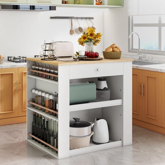 Byroce Kitchen Island with Storage, Kitchen Counter w/Rubber Wood Countertop, Drawer, Open Shelves, 2-Door Buffet Cabinet & 6-Tier Spice Racks, Stationary Kitchen Table for Breakfast Home Coffee Bar