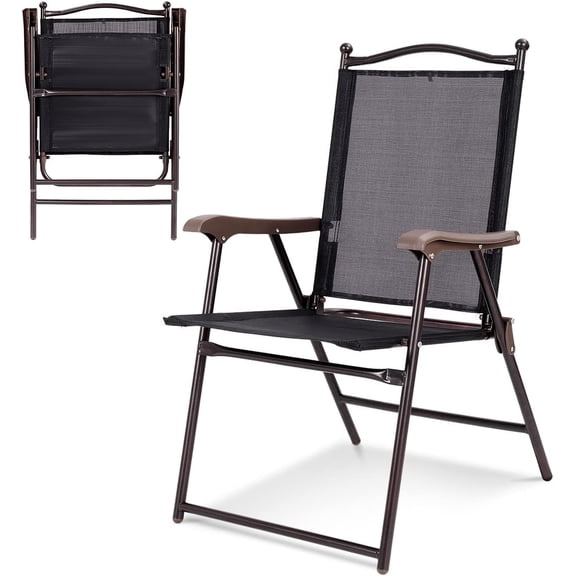 Byroce Patio Foldable Chair Set, 2 PCS Portable and Stable Chair with Armrest, Lightweight Outdoor Fabric Chair Set, Lounge Chairs with Metal Frame, Sling Back Chairs for Indoor Outdoor (Black)