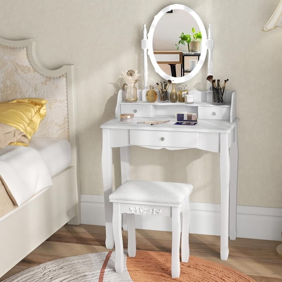 Byroce Vanity Desk with Mirror and Lights, Dressing Makeup Table Set with 360° Rotating Lighted Mirror, 10 Dimmable LED Bulbs & 3 Drawers, Vanity Table with Cushioned Stool (White)