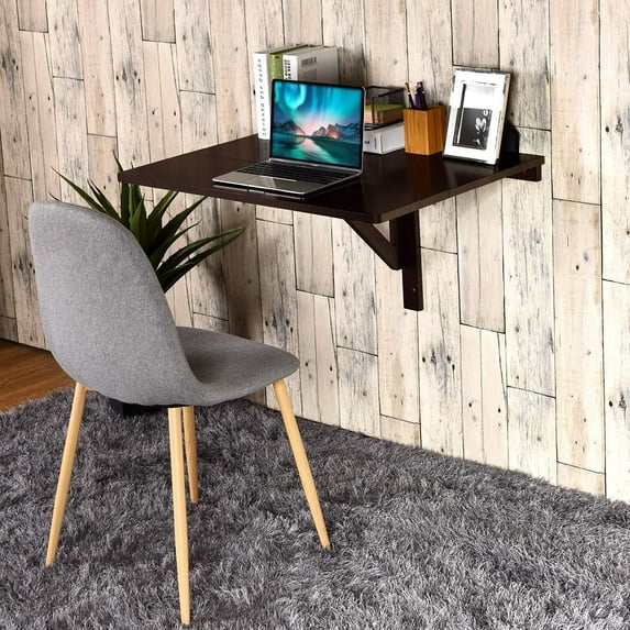 Byroce Wall Mounted Folding Table, 31.5’’ x 23.5’’ Wood Floating Desk for Laptop, Study & Dining in Balcony, Bedroom, Bathroom, Kitchen, Drop-Leaf Wall Desk Fold Down for Small Spaces (Brown)