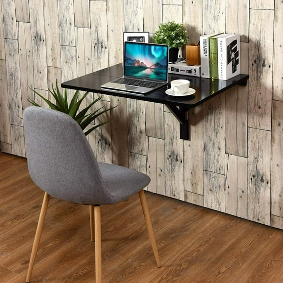 Byroce Wall Mounted Folding Table, 31.5’’ x 23.5’’ Wood Floating Desk for Laptop, Study & Dining in Balcony, Bedroom, Bathroom, Kitchen, Drop-Leaf Wall Desk Fold Down for Small Spaces (Black)