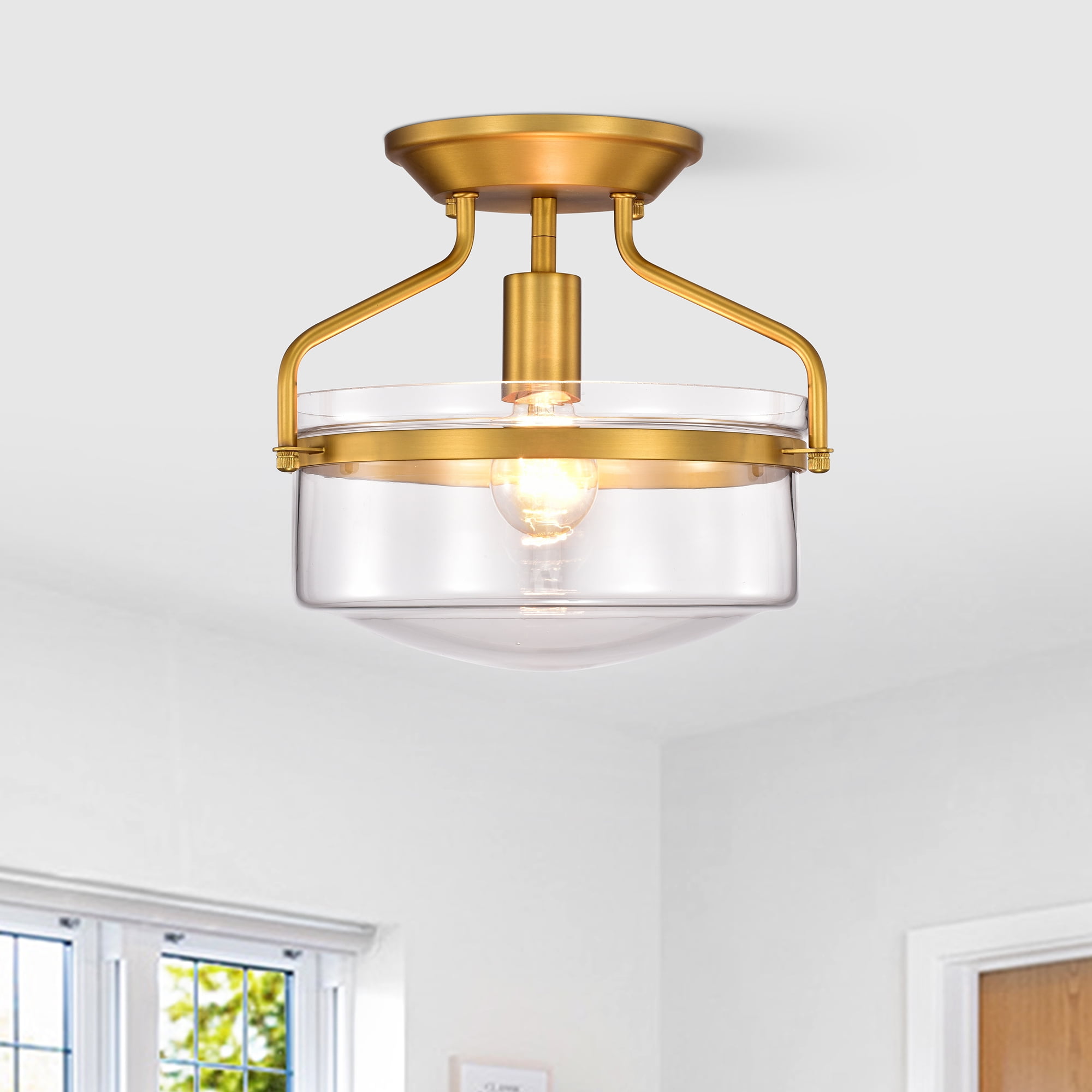 Byron 1 Light Hardwired Aged Brass Metal & Glass Bowl Shade Semi-Flush Mount