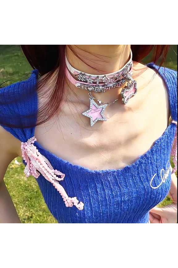 Bysatr Y2K Pink Leather Bone Star Pendant Necklace, Gothic Diamond Choker, For Women, For Gifts, For Christmas, New Year