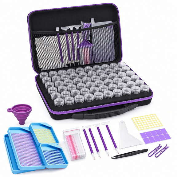 Byseng 60 Slots Diamond Painting Storage Containers, Portable Bead Organizer Case with 60 Jars and Diamond Art Accessories