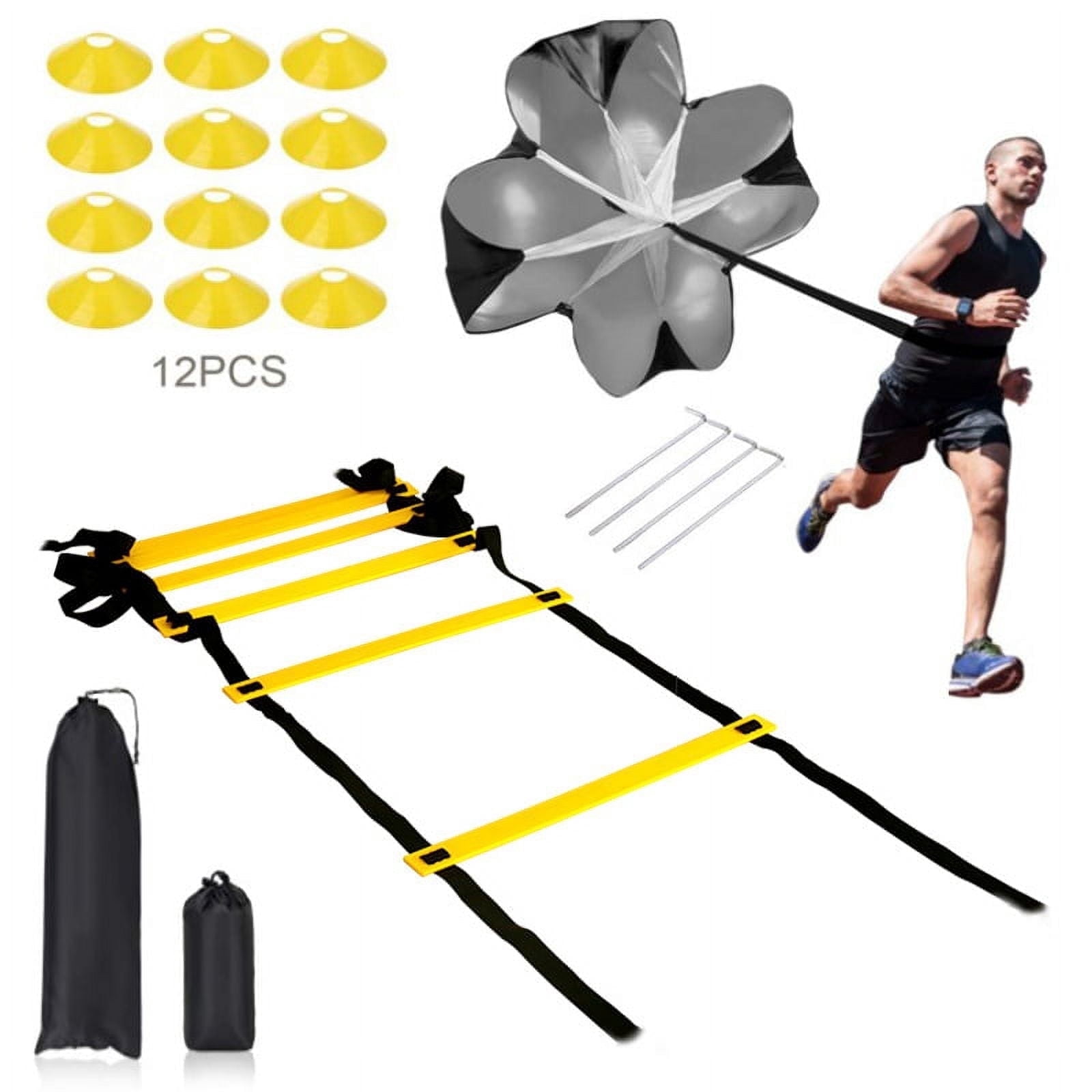 Byseng Agility Ladder, Football Training Equipment Set, 20ft adjustable agility ladder, 12 Disc Cones, 4 Steel Stakes,