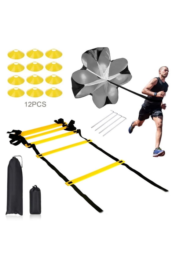 Agility Ladder, Football Training Equipment Set, 20ft adjustable agility ladder, 12 Disc Cones, 4 Steel Stakes,