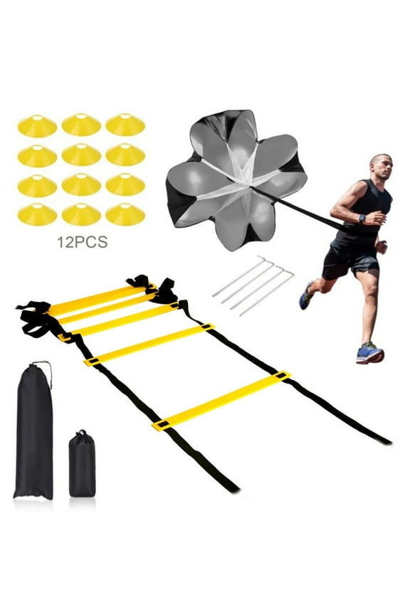 Agility Ladder, Football Training Equipment Set, 20ft adjustable agility ladder, 12 Disc Cones, 4 Steel Stakes,