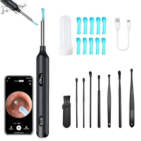 Byseng Ear Wax Removal, Earwax Remover Tool, 9 Piece w/ Cleansing, 1080P Camera for iOS and Android (Black)