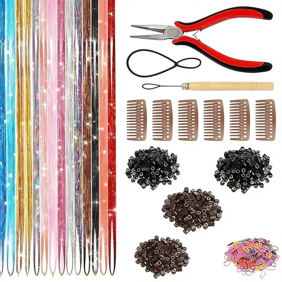 Byseng 18 Colors Hair Tinsel Kit with Tools, Sparkling Fairy Hair Extensions Heat Resistant Glitter Strands, Includes Plier, Crochet Hook, Pulling Loop, Micro Silicone Rings and Elastic Bands