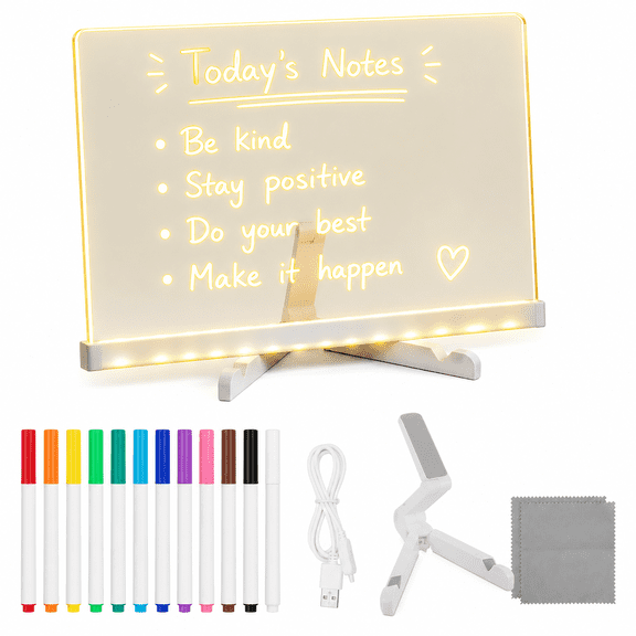 Byseng LED Note Board, 11.8 x 7.9 in Light Up Acrylic Dry Erase Message Board with 12 Markers, USB Powered with Stand