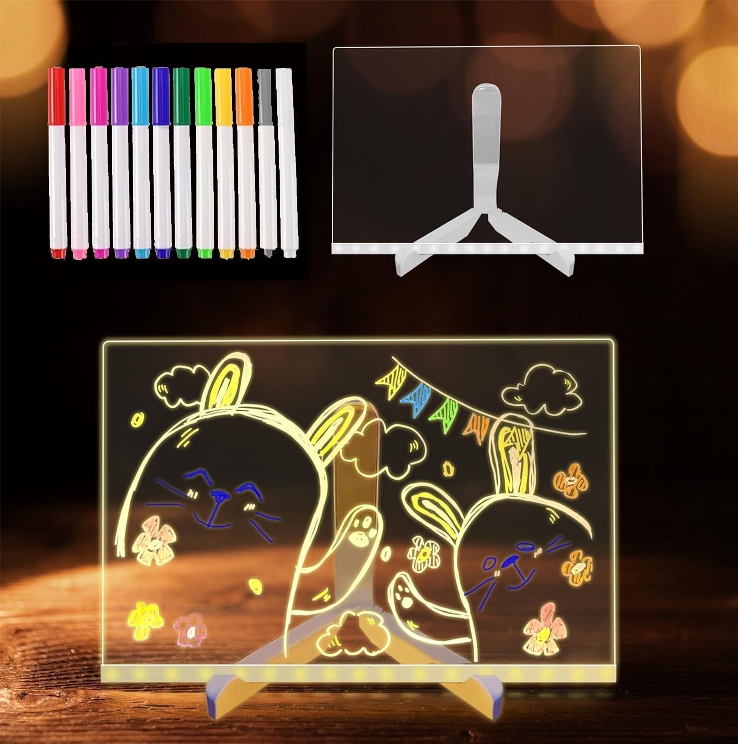 Byseng LED Note Board 12 Color Markers, 11.8 x 7.9 Inch Acrylic Dry Erase Board with Light Adjustable Stand for Store, Office, School, Home