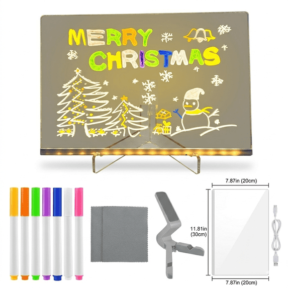 Byseng LED Note Board with 12 Colors Erasable Pens, 12-Inch Light Up Dry Erase Board for Kids & Adults, USB Powered Acrylic Message Board with Adjustable Stand for Home, Office, and School Decor
