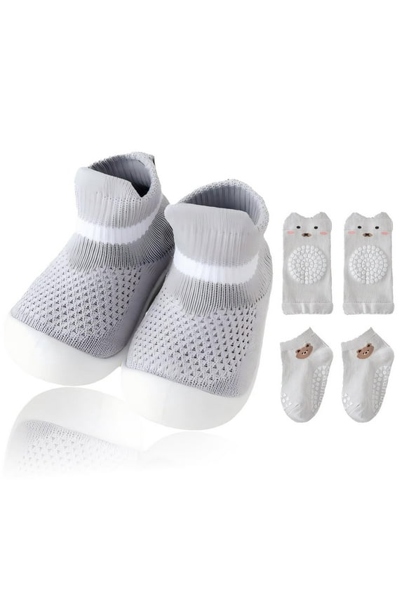 Baby Shoes and Socks, Non-Slip Breathable Slippers with Soft Rubber Sole, Gray, 13.5cm