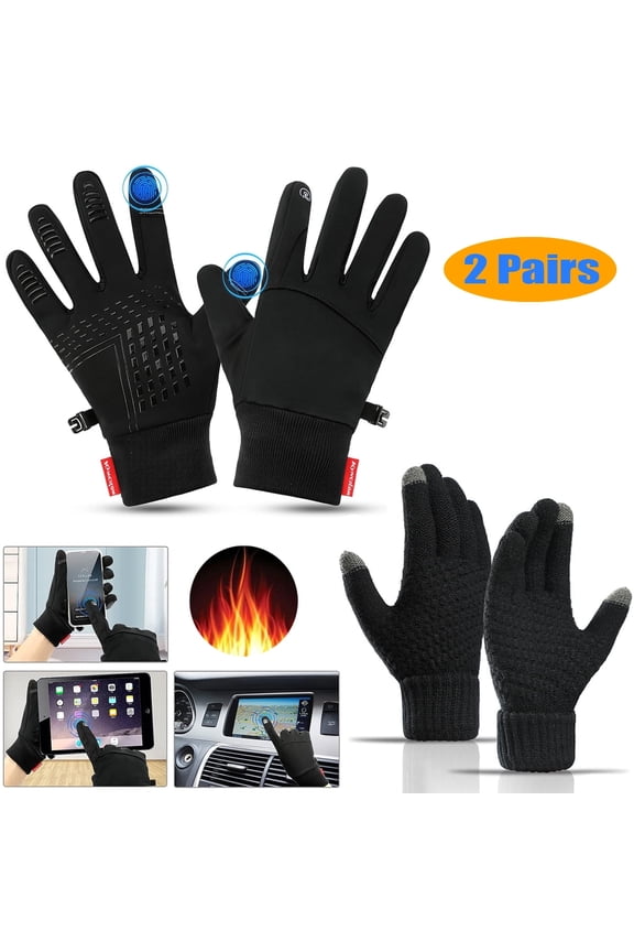 Unisex Touchscreen Warm Soft Thermal Winter Gloves, Waterproof Non-slip, 2 Pairs, Black, XL