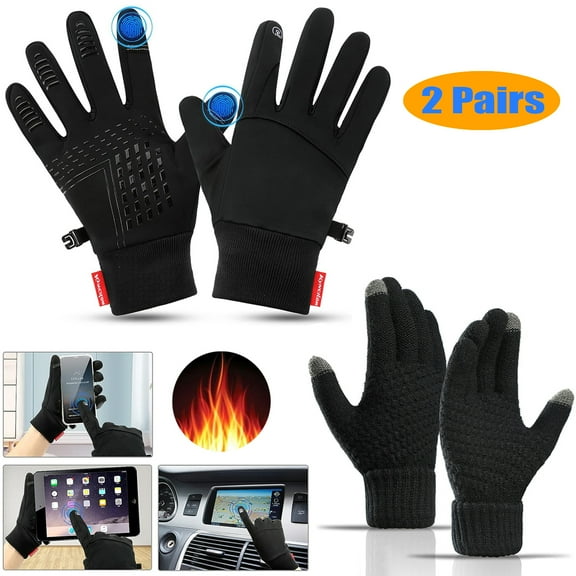Byseng Unisex Touchscreen Warm Soft Thermal Winter Gloves, Waterproof Non-slip, 2 Pairs, Black, XL