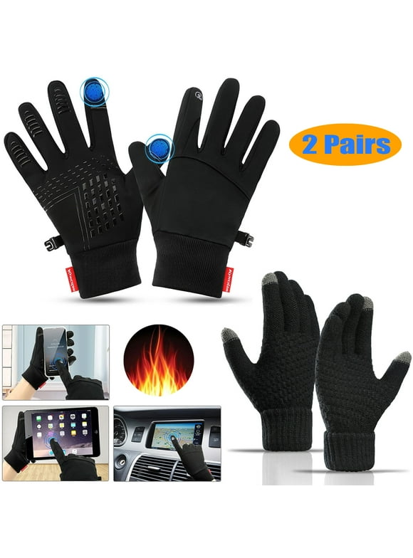 Unisex Touchscreen Warm Soft Thermal Winter Gloves, Waterproof Non-slip, 2 Pairs, Black, XL