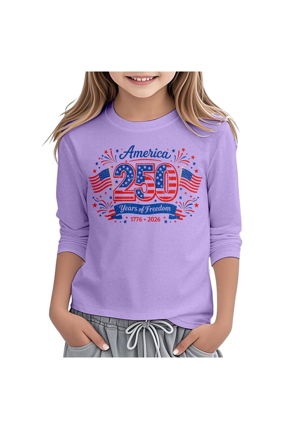 4Th Of July Toddler Girls Shirts Graphic Print 3/4 Sleeves Crew Neck Tops Summer Casual Independence Day Girl T-Shirts Size 3-4 Years Purple