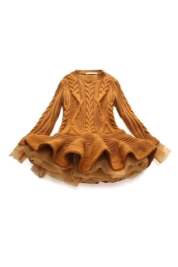 Baby Toddler Girls Sweater With Tulle Kids Crochet Knitted Winter Dress Pullover Dress Skirt Long Sleeve Crew Neck Cute Print Girls Sweater Brown Size 3-4 Years