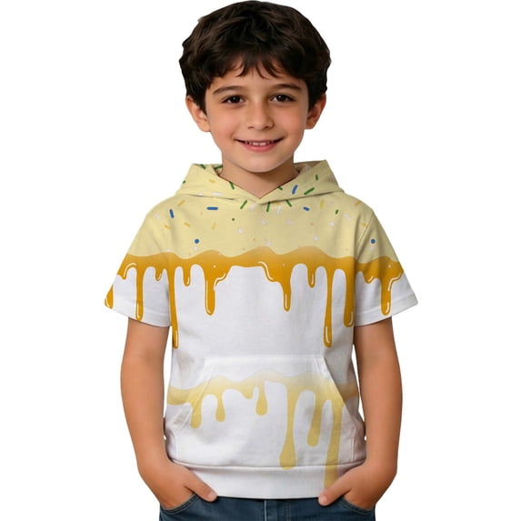 Bysome Boys Hoodies Ice Cream Print Short Sleeve Hooded Tops Autumn Soft Boys Sweatshirts Size 11-12 Years Beige