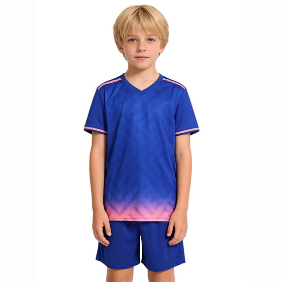 Bysome Boys Outfit Set Colorblock Short Sleeve V-Neck Tops With Solid Color Shorts Athletic Outfit Quick Dry Boys Set Size 8-9 Years Blue