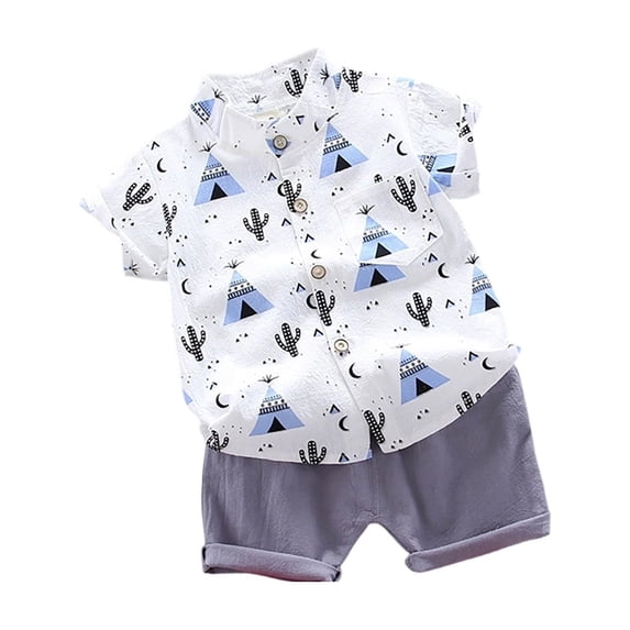 Bysome Boys Outfit Set Graphic Print Short Sleeve Lapel Neck T-Shirts With Solid Color Shorts Set Breathable Boys Outfit Size 2-3 Years Blue