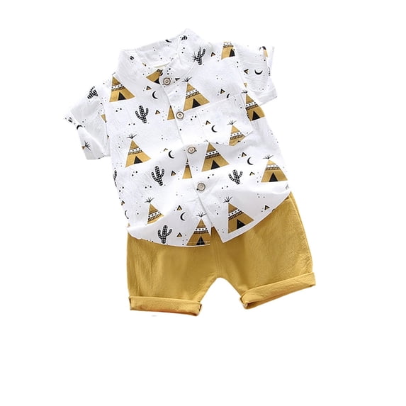 Bysome Boys Outfit Set Graphic Print Short Sleeve Lapel Neck Tees With Solid Color Shorts Set Breathable Boys Outfit Size 4-5 Years Yellow
