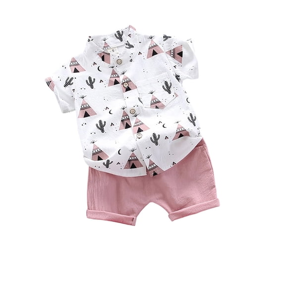 Bysome Boys Outfit Set Graphic Print Short Sleeve Lapel Neck Tees With Solid Color Shorts Set Comfortable Boys Outfit Size 4-5 Years Pink