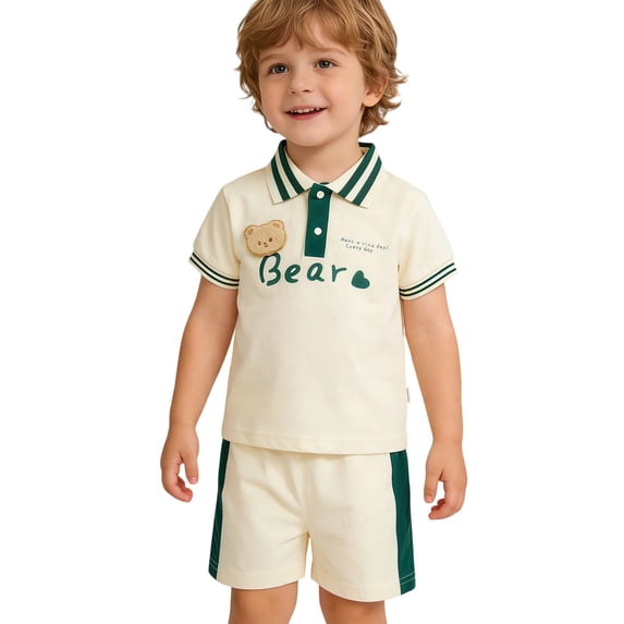Bysome Boys Outfit Set Letter Print Short Sleeve Lapel Neck Shirts With Colorblock Shorts Outfit Quick Dry Boys Set Size 2-3 Years Beige