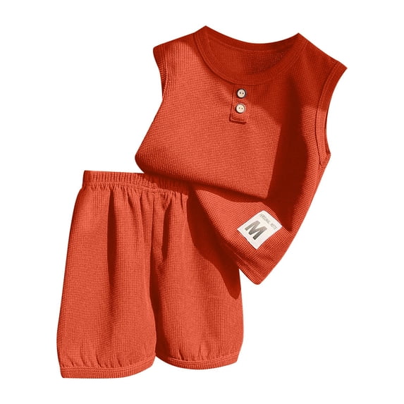 Bysome Boys Outfit Set Solid Color Button Sleeveless Crew Neck Shirts With Shorts Outfit Quick Dry Boys Set Size 18-24 Months Orange