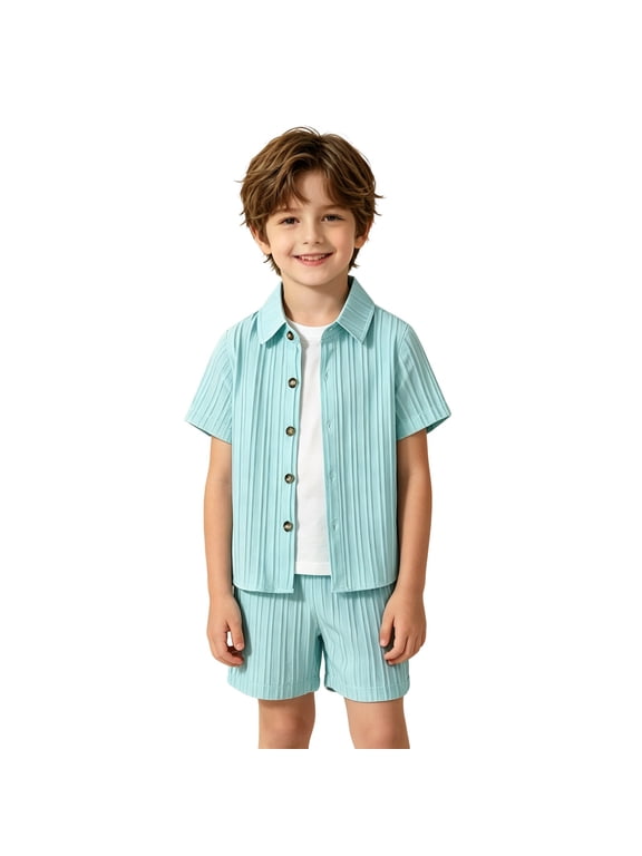 Boys Outfit Set Solid Color Short Sleeve Lapel Neck Shirts With Shorts Outfit Casual Boys Set Size 18-24 Months Mint Green