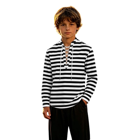 Bysome Boys Shirts Striped Print Long Sleeve Lapel Neck Tops Soft Boys T-Shirt Size 3-4 Years Black