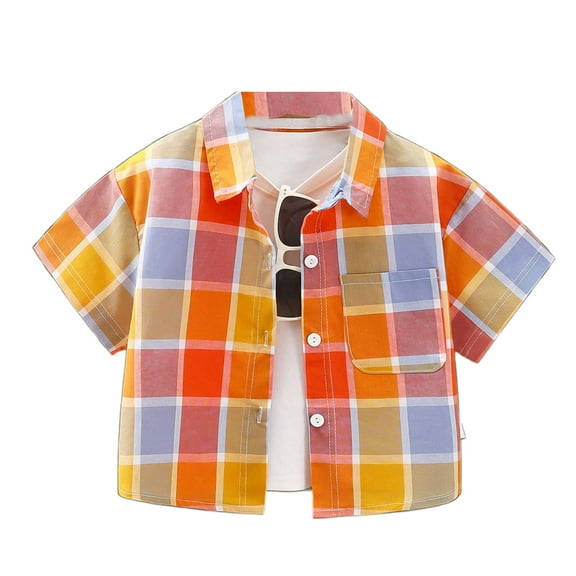 Bysome Boys Shirts Toddler Size 3-4 Years Orange Short Sleeve Lapel Neck T-Shirts Plaid Print Soft Lightweight Summer Boy Tops
