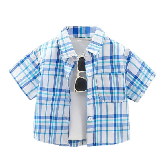 Bysome Boys Toddler Tops Lapel Neck Short Sleeve T-Shirts Plaid Print Fashion Lightweight Summer Boy Tops Sky Blue Size 4-5 Years