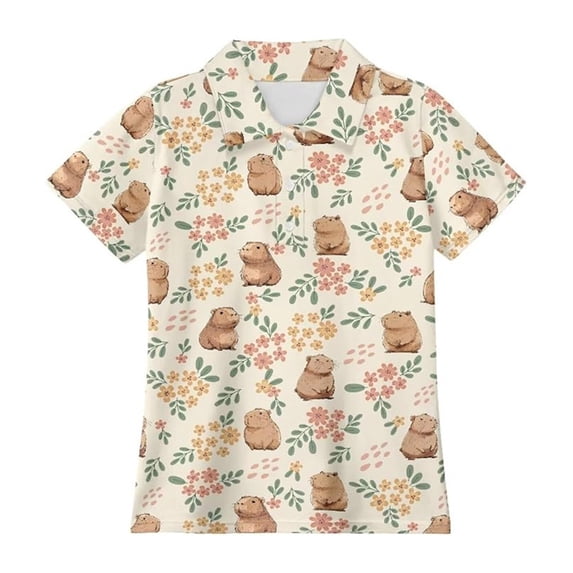 Bysome Boys Tops Flower Cartoon Print Short Sleeve Lapel Neck T-shirts Comfortable Boys Tees Size 7-8 Years Light Yellow