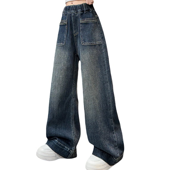 Bysome Child Girls Baggy Pants Wide Leg Casual Loose Fit Jeans Elastic Waist With Pockets Fall Pants Size 5-6 Years