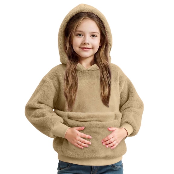 Bysome Child Hoodies For Little Girls Solid Color Fashion Long Sleeve Hooded Soft Khaki Pullover Tops Size 7-8 T