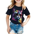 thumbnail image 1 of Bysome Child Little Girls Tops Crew Neck Stretch Outdoor T-Shirts Cat Print Short Sleeve Black Tee Size 4-5 T, 1 of 6