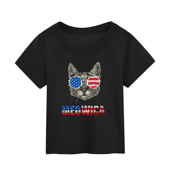 Bysome Fourth Of July Shirts For Kids Girls Cat Print Comfortable Lightweight Tshirts Crew Neck Short Sleeve Summer Girls Tops Black Size 1-2 Years
