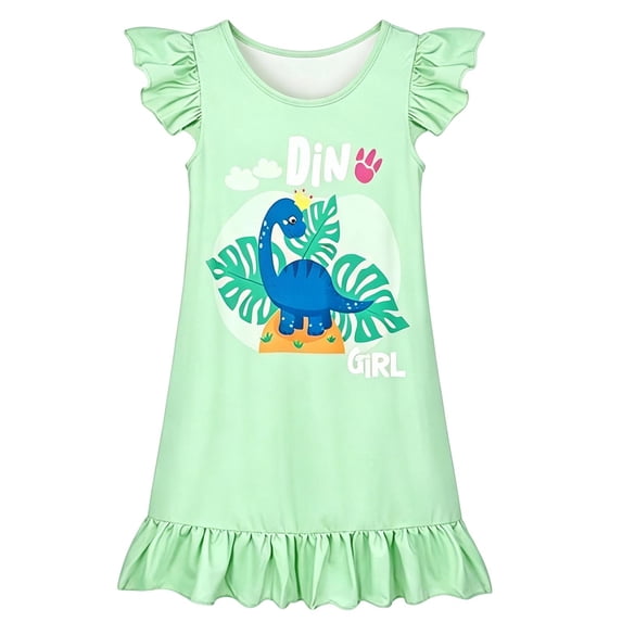 Bysome Girls Dress Cartoon Print Short Sleeve Crew Neck Dresses Comfortable Girls Dress Size 4-5 Years Light Green