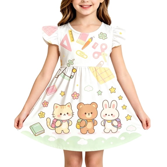 Bysome Girls Dress First Day of School Cartoon Print Short Sleeve Crew Neck Dresses Back to School Comfortable Girls Dress Size 5-6 Years White